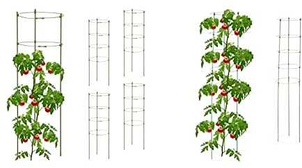 Relaxdays Rankhilfe, 5er Set & Rankhilfe, 2er Set, Tomatensäule für Garten & Balkon, 150 cm, je 5 Ringe, Pflanzstäbe Eisen & Kunststoff, grün