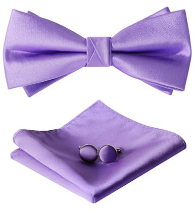 HOULIFE Fliege Herren Set - Verstellbare Fliege aus Satin Polyester Vorgebunden Fliege, einfarbige Einstecktuch, Manschettenknöpfe Set für Bräutigam Hochzeit formal mit Geschenkbox, Lila