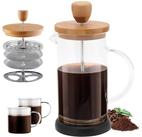 Topyond French Press Coffee Maker, Glass Coffee Pot, High Borosilicate Bamboo Lid Design, Filtering Function,Small Coffee Percolator Coffee Brewer & Plunger for Home Office Tea Brewer 4 Cup