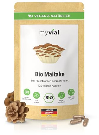 Bio Maitake Kapseln 400 mg hochdosiert, 120 vegane Kapseln, ohne Zusatzstoffe, 100% natürlich, 2 Monate Vorrat, Klapperschwamm Pilzpulver, produziert in Deutschland