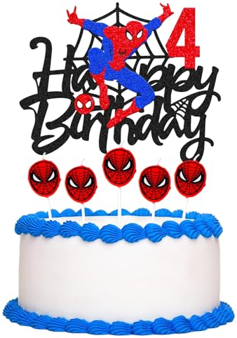 Spider Happy 4TH Birthday Cake Topper & Red Candles, Cupcake Topper Super Hero Decorations for Boys, Girls, Kids Party