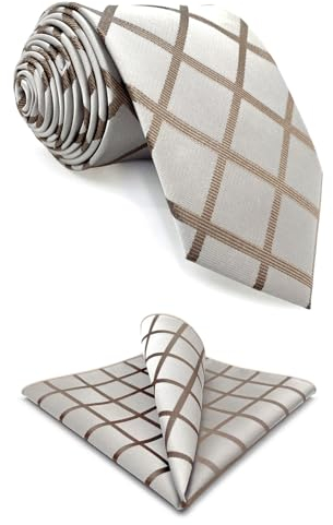 S&W SHLAX&WING Krawatte für Herren beige braun kariert Krawatte und Einstecktuch Satin formell extra lang 160cm