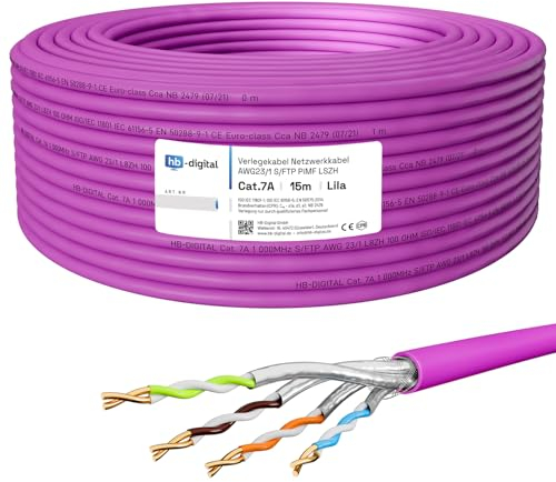 HB-DIGITAL 15m cable de red CAT.7a cable LAN cable de instalación AWG 23 cobre puro S/FTP PiMF LSZH sin halógenos conforme a RoHS Ethernet cable de datos PoE 10Gbit/s máx. 1200MHz morado