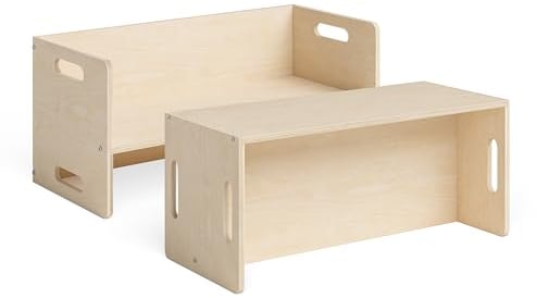 Bellabino AKI 2in1 Kindersitzbank und Kindertisch, 2X Wendebank für Kinder, Montessori Sitzbank aus Holz, Bank mit 3 Sitzhöhen Birke Natur 180 Grad drehbar, Kindertisch 80 x 35 x 35 cm, unbehandelt