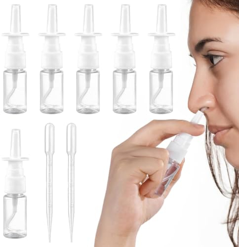 WKRTDY Pack de 6 Botellas de Aerosol Nasal de Plástico de 10ml Recargables, Atomizador Rellenable y 2 Goteros - Pulverizador de Niebla Fina para Limpiar la Nariz en Contenedores Viales