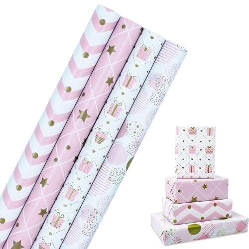 Rouleau de papier d'emballage cadeau d'anniversaire : papier d'emballage rose recyclable pour emballage de cadeau d'anniversaire, décoration de fête 4 rouleaux 43 cm x 3 m