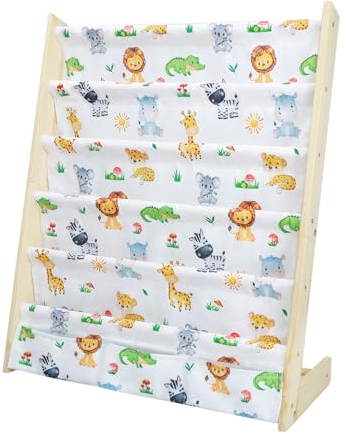 wooshwa Bibliothèque pour Enfants, Rangement sur 5 Niveaux, Etagere Livre et Meuble pour Chambre de Bebe, Etagère en Bois avec 3 Poches(Animaux des Bois)