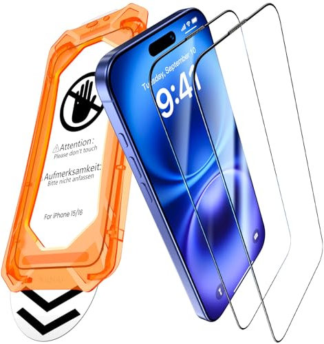 UniqueMe für iPhone 16/15 für Panzerglas - [Full Screen Displayschutz] Schutzfolie für iPhone 16/15 Schutzglas,Auto Installation,2 Stück