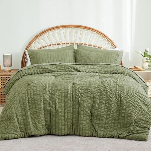 Freyamy Seersucker Housse de Couette 200x200+2 Taie d'oreiller 65x65 Gaufré Rayé Structuré Vert Olive Parure de lit 2 Personnes Adulte Sets de Housse Couette en 100% Microfibre avec Fermeture Éclair