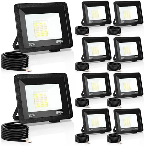 Yakimz 20W 10er LED Strahler Außen, 3 Einstellbare Farbtemperatur, LED Wandbeleuchtung Fluter Abstrahlwinkel 120°, IP66 Wasserdicht LED Wandleuchte, Scheinwerfer für Terrasse Sportplatz