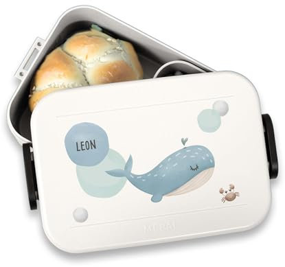 hellomini Mepal Brotdose - Personalisiert - Brotdose Kinder mit Fächern - Snackbox mit Fächern - Lunchbox, Bento Box Geschenk zu Einschulung - Einschulungsgeschenk (Wal, Pink)