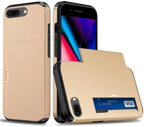 Beajew Coque Portefeuille pour iPhone 7 Plus/8 Plus avec Porte-Cartes, Étui de Protection Téléphone Double Couche Antichoc, Fente Cachée Coulissante, Antichoc TPU+PC Housse Portefeuille - Or