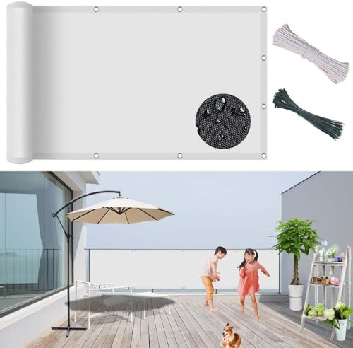 Brise Vue Balcon 80 x 600 cm PES Pare-Vue/Brise/Étanche, Balcon Extérieur Toile Brise Vue Occultant avec Attaches de Câble et Cordons, pour Jardin/Terrasse/Grillage, Blanc