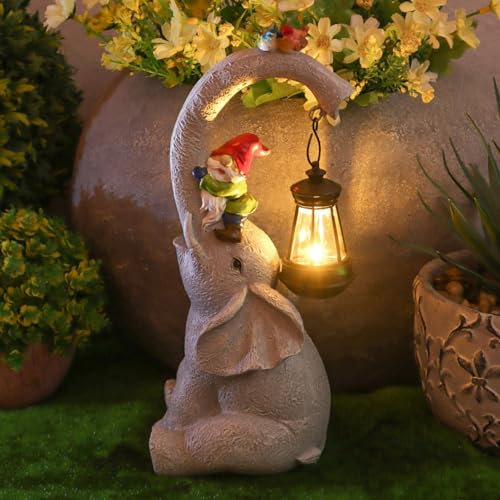 Elefanten Deko mit Solar Laterne Gartenzwerg,Elefant Tier Statue für Garten,Elefant mit Zwerge Figur Solar Lichterkette,für draußen Rasen Terrasse Hof-Zwerg Geschenke für Mama/Oma/Geburtstag (Stil 1)