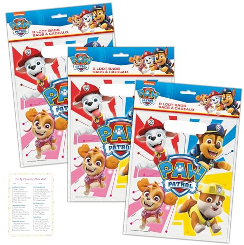 Unique Paw Patrol Partytüten – 24 Stück mit Checkliste – Paw Patrol Geburtstagsdekorationen – 18.4 cm x 21 cm, Glossy, Kunststoff