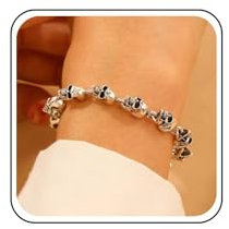 Inateannal Gothic Totenkopf Armband für Frauen - Gliederkette Silber Perlen Spooky Skelett Kopf Halloween Knochen Schmuck