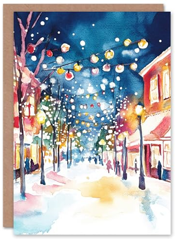 Artery8 Fairy Lights Decorated City Street Blank For Him Or Her Art Xmas Festive Christmas Card