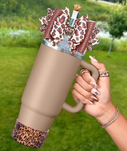 Toykee Cup Boot with Straw Cover for Stanley 40 30 oz - Brown Leopard Bow Straw Topper and Diamond Caps with Bottom Protector 3 PCS Sets for Tumbler Accessories