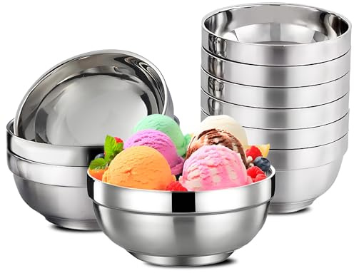 Cheardia 10 Pack 5 Inch Stainless Steel Snack Bowls, 15 oz Metal Soup Salad Bowl Small Double-Walled Serving Dishes for Sauces, Rice, Noodle, Ice Cream