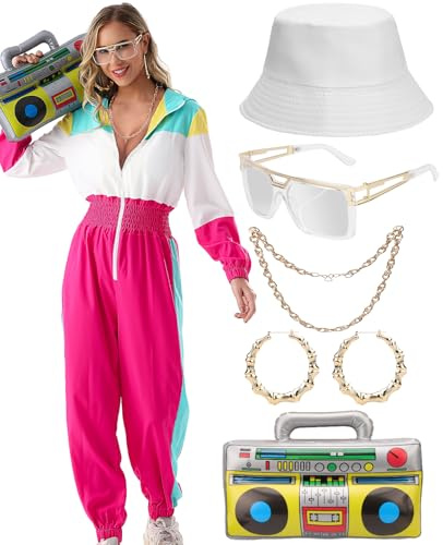 WILDPARTY 80er 90er Jahre Outfit Jumpsuit Damen, Trainingsanzug Overall Hoodie, Jogginganzug mit Aufblasbarer Ghettoblaster Hut Gläser Halskette Ohrringe,Karneval Fasching Mottoparty Kostüm