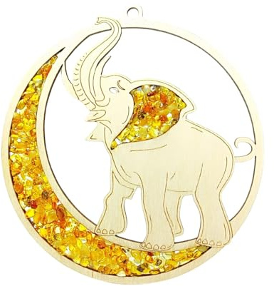 Fensterbild Fensterdeko Sonnenfänger Suncatcher Bernstein in Birkenholz Elefant Ø 11, inkl. Geschenkverpackung