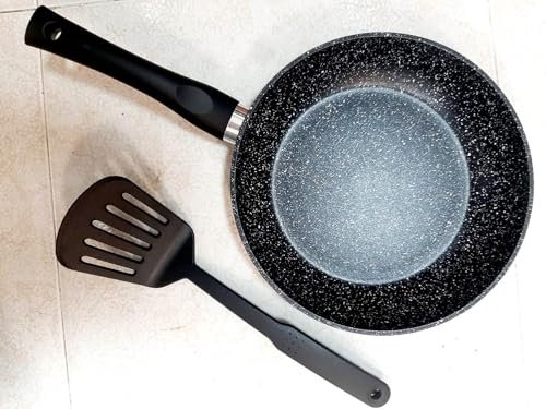 Genérico Kit Sartén Antiadherente 24 cm con Espátula de Nylon 31.5 cm, Compatible con Inducción, Aluminio Forjado, Negro