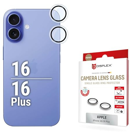 Premium Kamera Schutzringe für iPhone 17, 16 Plus, 16 (10H), Echtglas, DLC | DISPLEX Premium Camera Lens Glass, Echtglas, 10H Härte, transparente Ringe, Ultra-Clear, Quick Mount, Anti-Fingerprint