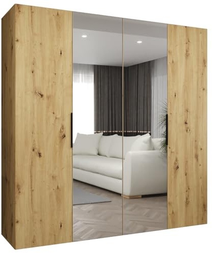 MEBLE KRYSPOL - Kleiderschrank mit Spiegel - Drehtürenschrank - Schrank 200x202x52cm - Garderobenschrank Schlafzimmer, Flur, Jugendzimmer - Farbe Artisan Eiche, Griff Schwarz - Marbella 2 200