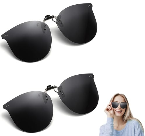 2 Pièce Clip Pour Lunettes Soleil, Flip up Clip Lunettes Soleil Polarisées, Clip Lunettes Soleil Homme Femme, Anti-Reflets Lunettes Soleil à Clipser pour la Conduite et Les Activités de Plein Air-Noir