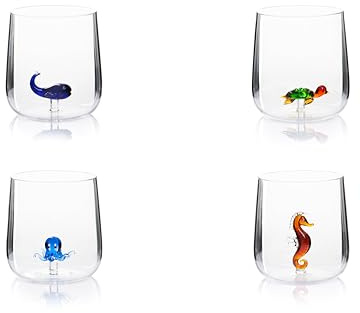 Excelsa Inside Set 4 Bicchieri in Vetro Borosilicato, Decorati a Mano con Soggetti Interni al Bicchiere, Trasparente, 450 ml (Oceano)