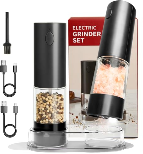 XXFLOWER Salz und Pfeffermühle Elektrisch 2er Set, USB Wiederaufladbar | LED-Licht & Basis, 95ml Großvorrat, 5 Stufig verstellbarer Mahlgrad, Keramik-Mahlwerk, Gewürzmühle für Küche & Grillen