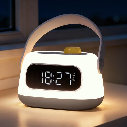 Kinderwecker mit Nachtlicht, LED-Digitaluhr mit Lichtern, dimmbares Nachttisch-Wachlicht für Schlafzimmer, wiederaufladbare Nachtlichter für Kinderzimmer, Nachttischwecker für Jungen und Mädchen