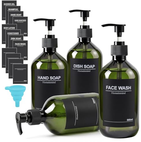 4er Seifenspender Grün, 500ml Duschgelspender Shampoo Flaschen zum Befüllen,Spülmittelspender Küche,Badezimmer Seifenspender Set Shampoo Spender für Dusche mit Trichter und Wasserdichten Etiketten