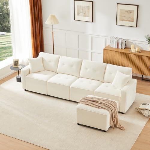 Ligterra L Sofa mit Schlaffunktion, Modulares Sofa, Ecksofa, Schlafsofa mit Stauraum, Corduroy, Eines Frei Platzierbaren Hockers, für Wohnzimmer, Schlafzimmer, 280×146×85cm (Beige)