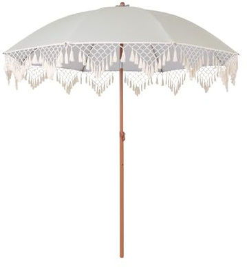 STARHMLUX Sombrilla de Playa con Flecos 200cm Inclinable Regulable, Sombrilla Bohemia Portátil con Bolsa para Jardín Terraza Piscina, Protección Solar UPF 50+ Impermeable
