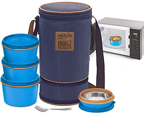 MILTON Bento Lunch Box Set 4, MICROWAVEABLE Stainless Steel Meal Prep Containers, Expandable Insulated Lunch Bag, SS Spoon -Double Wall Food Storage Boxes Airtight Lids for Men, Women, Kids - Blue