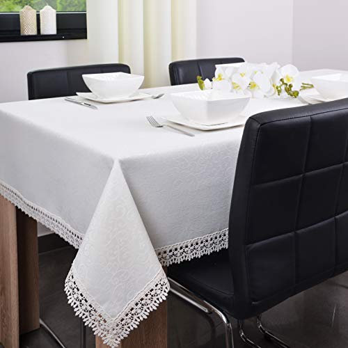 DECOOR - schmutzabweisende Tischdecke, veredelt mit dekorativer 5 cm breiter Guipure-Spitze, aus Jacquardgewebe 170g/m², 100% Polyester, hergestellt in EU (Écru, 260 x 140 cm)