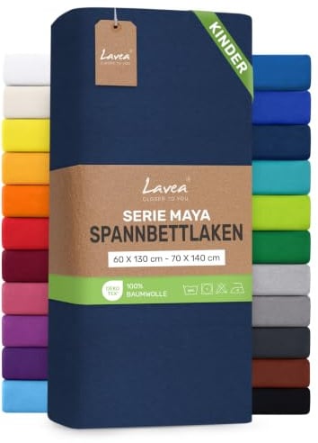 Lavea® Spannbettlaken Kinder 60x130cm - 70x140cm - Galaxyblau | Maya, 100% Jersey Baumwolle – Weiches Spannbetttuch mit Rundumgummi, atmungsaktives Bettlaken für Matratzen bis 12 cm