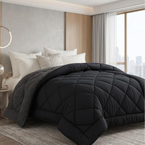 Sampur Sherpa-Steppdecke, Kuscheldecke Bettdecke, doppelseitig für Sommer/Winter, milbendicht, 200 x 200 cm, Schwarz