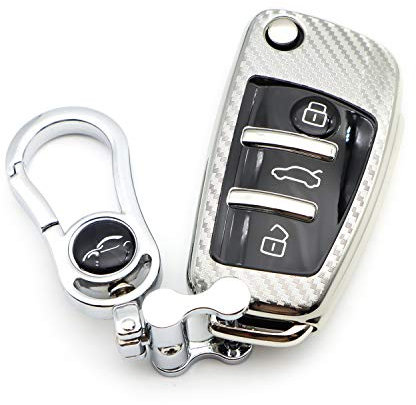 M.JVisun Coque de clé de voiture en fibre de carbone souple pour Audi A1 A3 R8 S3 Q3 Q7 TT Coque en TPU galvanisé avec porte-clés en métal – Argent