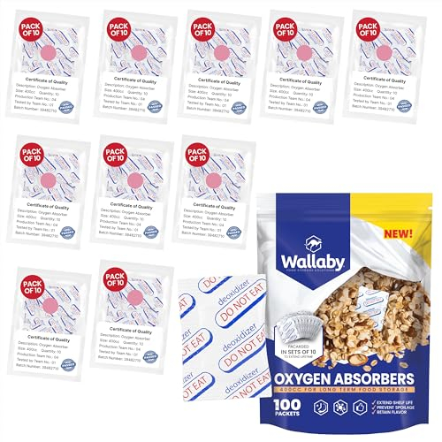 Wallaby 400cc Oxygen Absorbers - 100 Count - for Long Term Food Storage & Survival, Mylar Bags, Canning, Harvest Right Freeze Dryer, Dehydrated, and Preserved Foods - FDA Food Safe 400cc