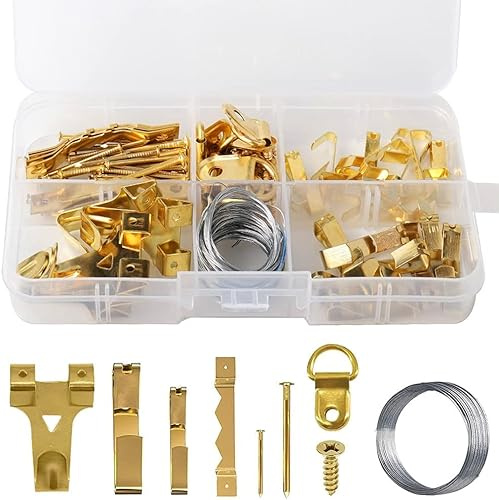 Czyan - Set di 104 ganci assortiti per appendere quadri con chiodi da parete, filo da appendere, dente di sega, anello a D, occhi a vite e scatola trasparente