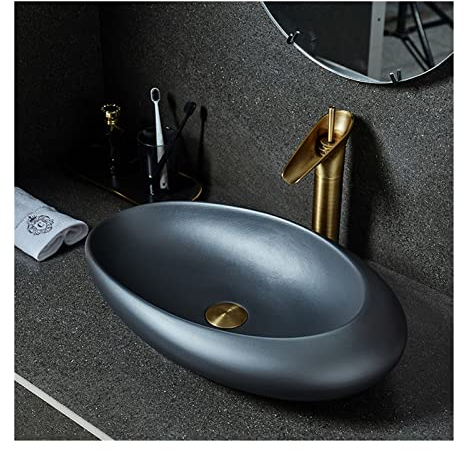 Aufsatz-Waschschale Kunst Keramische Arbeitsplatte Waschbecken Oval Schiff Waschbecken Schüssel Badezimmer Waschbecken Waschbecken Badezimmer Waschbecken, 22 x 14,5x 5,5 Zoll, dunkelgrau Waschtisch
