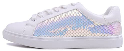 Feversole Women's Fashion Sparkle Sequin Lace Up,Damen Sneaker Atmungsaktiv Turnschuhe Leicht Laufschuhe Sportschuhe Freizeitschuhe Paillette weiß 39 EU