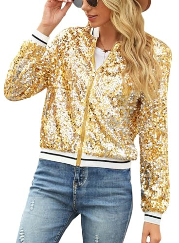 ORANDESIGNE Baseball Jacke Damen Pailletten Reißverschluss Langarm Jacken Frühling Herbst Kurze Jacke Outwear mit Taschen Retro Casual Baseball Bomberjacke Bikerjacke Übergangsjacke D Gold M