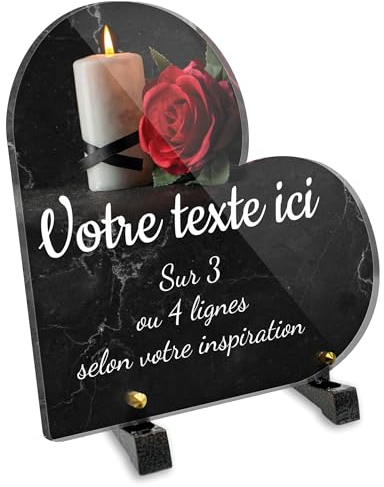 Plaque funéraire Coeur Personnalisable en plexi Motif Bougie et Rose Rouge, différentes Tailles, épaisseur 6mm, personnalisée sur Plusieurs Lignes 20x20 cm