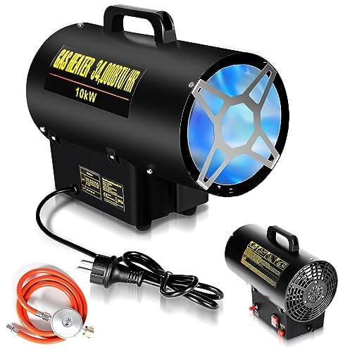 Ikodm Chauffage d'intérieur à gaz, 10 KW, 220 V, chauffage à gaz, ventilateur à gaz propane, 320 m³/h, débit d'air, avec tuyau de gaz de 1,2 m et réducteur de pression de 700 mbar