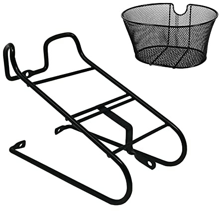Portacesto Portapacchi Anteriore Nero per Bici 24” 26” 28” con Cestino in Ferro Ovale per City Bike Olanda Epoca Retro – Attacco a Freni V-Brake per Bicicletta da Passeggio
