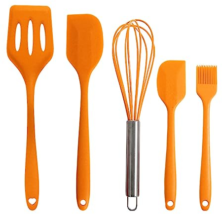 Silicone Rubber Kitchen Supplies Set Baking Tools 5PCS (Small Scraper + Large Scraper + Egg Beater + Leak Spatula + Small Oil Brush) Orange