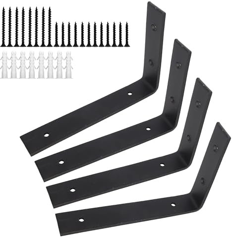 4 Pcs Heavy Duty Shelf Brackets Industrial Shelf Bracket L Shape Right Angle Corner Bracket for Wall Mounted Shelf with Matching Screw and Anchors (Black, 200mm-100mm 4p ( 4mm))
